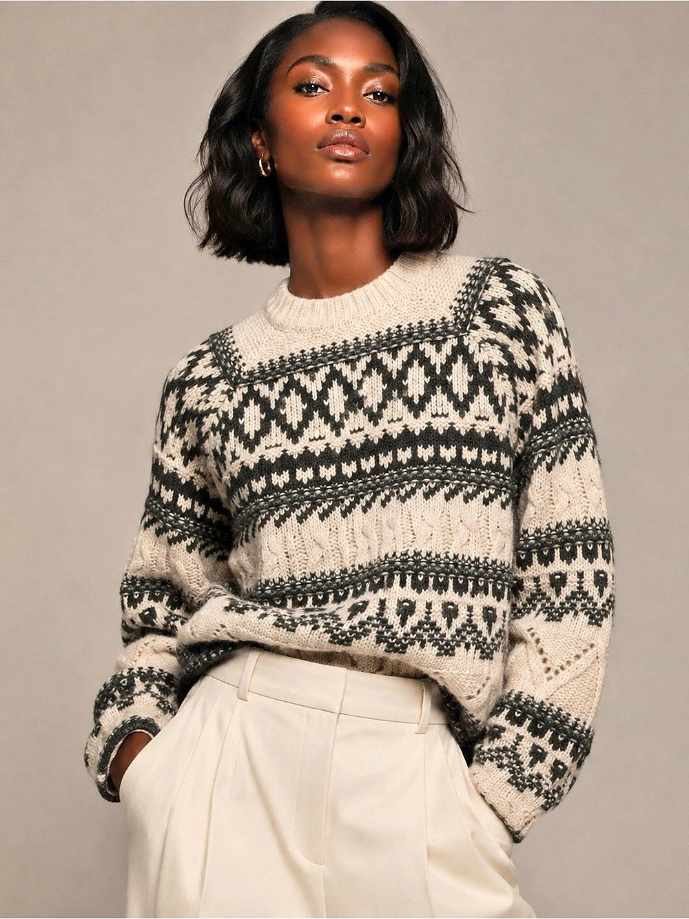 Sanctuary Geometric Crewneck Sweater Cream & Black Small Like New